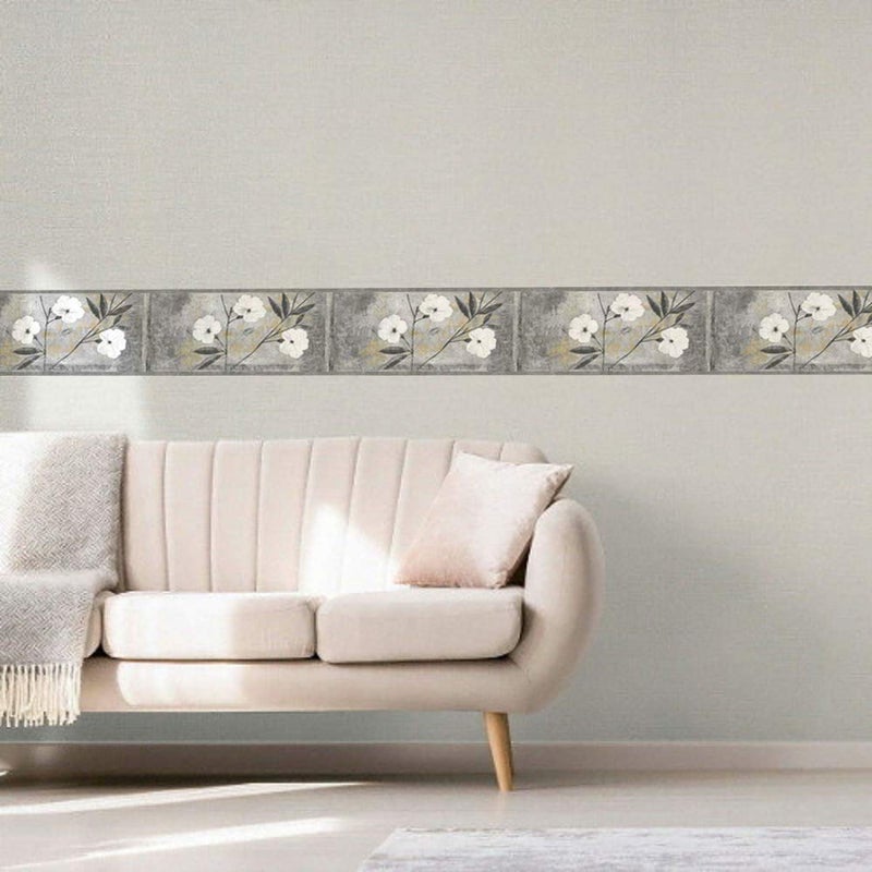 Dundee Deco Wallpaper Border Peel and Stick BD6054 Floral White, Gray, Brown, Black Abstract Flowers Wall Border Retro Design, 15 ft x 7 in (4.57m x 17.78cm), Self Adhesive - Image 2